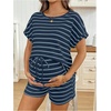 image:imageMakeMeChic Womens Maternity 2 Piece Summer Outfits Striped Crew Neck Short Sleeve Tee and Shorts Pregnancy SetsRoyal Blue