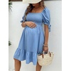 image:imageMakeMeChic Womens Maternity Dress Summer Beach Sundress Floral Puff Sleeve Baby Shower DressBlue Solid