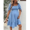image:imageMakeMeChic Womens Maternity Dress Summer Beach Sundress Floral Puff Sleeve Baby Shower DressBlue Solid