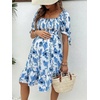 image:imageMakeMeChic Womens Maternity Dress Summer Beach Sundress Floral Puff Sleeve Baby Shower DressBlue and White