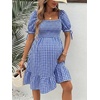 image:imageMakeMeChic Womens Maternity Dress Summer Beach Sundress Floral Puff Sleeve Baby Shower DressGrid Blue