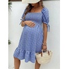 image:imageMakeMeChic Womens Maternity Dress Summer Beach Sundress Floral Puff Sleeve Baby Shower DressGrid Blue