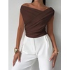 image:imageMakeMeChic Womens Off The Shoulder Tops Summer Blouses Asymmetrical Dressy TopsBrown