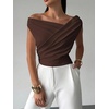 image:imageMakeMeChic Womens Off The Shoulder Tops Summer Blouses Asymmetrical Dressy TopsBrown