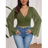 image:imageMakeMeChic Womens Plus Size Crop Top Bell Sleeve Top V Neck Wrap Blouse Party Going Out TopsArmy Green