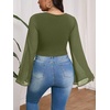 image:imageMakeMeChic Womens Plus Size Crop Top Bell Sleeve Top V Neck Wrap Blouse Party Going Out TopsArmy Green