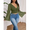 image:imageMakeMeChic Womens Plus Size Crop Top Bell Sleeve Top V Neck Wrap Blouse Party Going Out TopsArmy Green