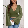 image:imageMakeMeChic Womens Plus Size Crop Top Bell Sleeve Top V Neck Wrap Blouse Party Going Out TopsArmy Green