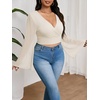 image:imageMakeMeChic Womens Plus Size Crop Top Bell Sleeve Top V Neck Wrap Blouse Party Going Out TopsBeige