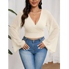 image:imageMakeMeChic Womens Plus Size Crop Top Bell Sleeve Top V Neck Wrap Blouse Party Going Out TopsBeige