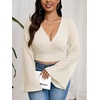 image:imageMakeMeChic Womens Plus Size Crop Top Bell Sleeve Top V Neck Wrap Blouse Party Going Out TopsBeige