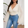image:imageMakeMeChic Womens Plus Size Crop Top Bell Sleeve Top V Neck Wrap Blouse Party Going Out TopsBeige