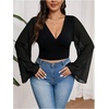 image:imageMakeMeChic Womens Plus Size Crop Top Bell Sleeve Top V Neck Wrap Blouse Party Going Out TopsBlack