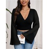 image:imageMakeMeChic Womens Plus Size Crop Top Bell Sleeve Top V Neck Wrap Blouse Party Going Out TopsBlack