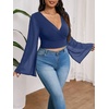 image:imageMakeMeChic Womens Plus Size Crop Top Bell Sleeve Top V Neck Wrap Blouse Party Going Out TopsBlue