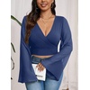 image:imageMakeMeChic Womens Plus Size Crop Top Bell Sleeve Top V Neck Wrap Blouse Party Going Out TopsBlue