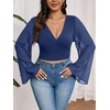 image:imageMakeMeChic Womens Plus Size Crop Top Bell Sleeve Top V Neck Wrap Blouse Party Going Out TopsBlue