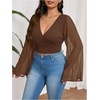 image:imageMakeMeChic Womens Plus Size Crop Top Bell Sleeve Top V Neck Wrap Blouse Party Going Out TopsBrown