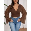 image:imageMakeMeChic Womens Plus Size Crop Top Bell Sleeve Top V Neck Wrap Blouse Party Going Out TopsBrown