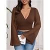 image:imageMakeMeChic Womens Plus Size Crop Top Bell Sleeve Top V Neck Wrap Blouse Party Going Out TopsBrown