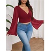 image:imageMakeMeChic Womens Plus Size Crop Top Bell Sleeve Top V Neck Wrap Blouse Party Going Out TopsBurgundy