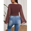 image:imageMakeMeChic Womens Plus Size Crop Top Bell Sleeve Top V Neck Wrap Blouse Party Going Out TopsCoffee Brown