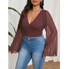 image:imageMakeMeChic Womens Plus Size Crop Top Bell Sleeve Top V Neck Wrap Blouse Party Going Out TopsCoffee Brown