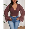 image:imageMakeMeChic Womens Plus Size Crop Top Bell Sleeve Top V Neck Wrap Blouse Party Going Out TopsCoffee Brown