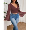 image:imageMakeMeChic Womens Plus Size Crop Top Bell Sleeve Top V Neck Wrap Blouse Party Going Out TopsCoffee Brown