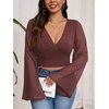 image:imageMakeMeChic Womens Plus Size Crop Top Bell Sleeve Top V Neck Wrap Blouse Party Going Out TopsCoffee Brown