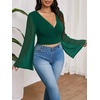 image:imageMakeMeChic Womens Plus Size Crop Top Bell Sleeve Top V Neck Wrap Blouse Party Going Out TopsGreen