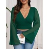 image:imageMakeMeChic Womens Plus Size Crop Top Bell Sleeve Top V Neck Wrap Blouse Party Going Out TopsGreen