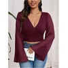 image:imageMakeMeChic Womens Plus Size Crop Top Bell Sleeve Top V Neck Wrap Blouse Party Going Out TopsRed Violet