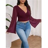 image:imageMakeMeChic Womens Plus Size Crop Top Bell Sleeve Top V Neck Wrap Blouse Party Going Out TopsRed Violet