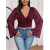image:imageMakeMeChic Womens Plus Size Crop Top Bell Sleeve Top V Neck Wrap Blouse Party Going Out TopsRed Violet