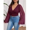 image:imageMakeMeChic Womens Plus Size Crop Top Bell Sleeve Top V Neck Wrap Blouse Party Going Out TopsRed Violet