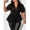 image:imageMakeMeChic Womens Plus Size Sexy Peplum Lace Tops Floral Sheer Mesh Going Out Tops Low Cut Short Sleeve TShirtBlack