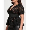 image:imageMakeMeChic Womens Plus Size Sexy Peplum Lace Tops Floral Sheer Mesh Going Out Tops Low Cut Short Sleeve TShirtBlack