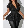 image:imageMakeMeChic Womens Plus Size Sexy Peplum Lace Tops Floral Sheer Mesh Going Out Tops Low Cut Short Sleeve TShirtBlack Solid