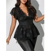 image:imageMakeMeChic Womens Plus Size Sexy Peplum Lace Tops Floral Sheer Mesh Going Out Tops Low Cut Short Sleeve TShirtBlack Solid