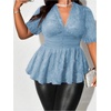 image:imageMakeMeChic Womens Plus Size Sexy Peplum Lace Tops Floral Sheer Mesh Going Out Tops Low Cut Short Sleeve TShirtBlue