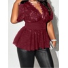 image:imageMakeMeChic Womens Plus Size Sexy Peplum Lace Tops Floral Sheer Mesh Going Out Tops Low Cut Short Sleeve TShirtBurgundy