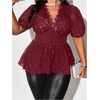 image:imageMakeMeChic Womens Plus Size Sexy Peplum Lace Tops Floral Sheer Mesh Going Out Tops Low Cut Short Sleeve TShirtBurgundy