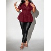 image:imageMakeMeChic Womens Plus Size Sexy Peplum Lace Tops Floral Sheer Mesh Going Out Tops Low Cut Short Sleeve TShirtBurgundy