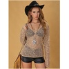 image:imageMakeMeChic Womens Sequin Crochet Sheer T Shirt Swimsuit Cover Up Beach Hollow Out Long Sleeve TopsApricot