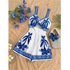 image:imageMakeMeChic Womens Summer Boho Rompers Floral Tropical Twist Cut Out Wide Leg Shorts JumpsuitBlue White