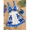image:imageMakeMeChic Womens Summer Boho Rompers Floral Tropical Twist Cut Out Wide Leg Shorts JumpsuitBlue White
