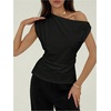 image:imageMakeMeChic Womens Summer Off The Shoulder Asymmetrical Tank Top Cinched Waist Tie Back Business Casual TopsBlack