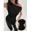 image:imageMakeMeChic Womens Summer Off The Shoulder Asymmetrical Tank Top Cinched Waist Tie Back Business Casual TopsBlack
