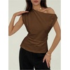 image:imageMakeMeChic Womens Summer Off The Shoulder Asymmetrical Tank Top Cinched Waist Tie Back Business Casual TopsBrown